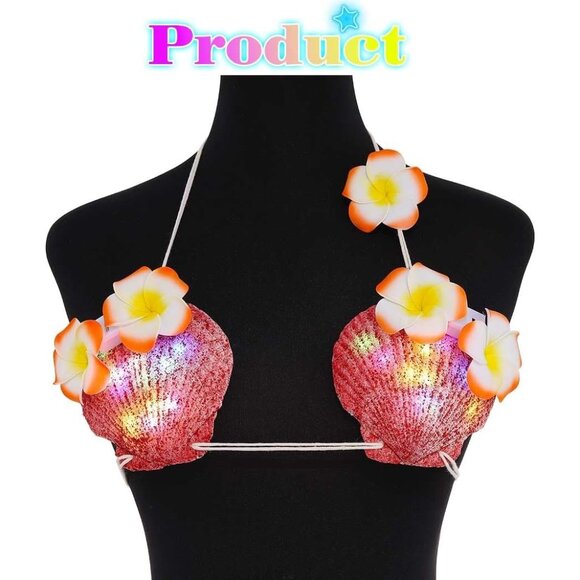 Light Up 5 Red Mermaid Shell Bra Glowing Bikini Top Flower Rave Outfits Women - Picture 4 of 6